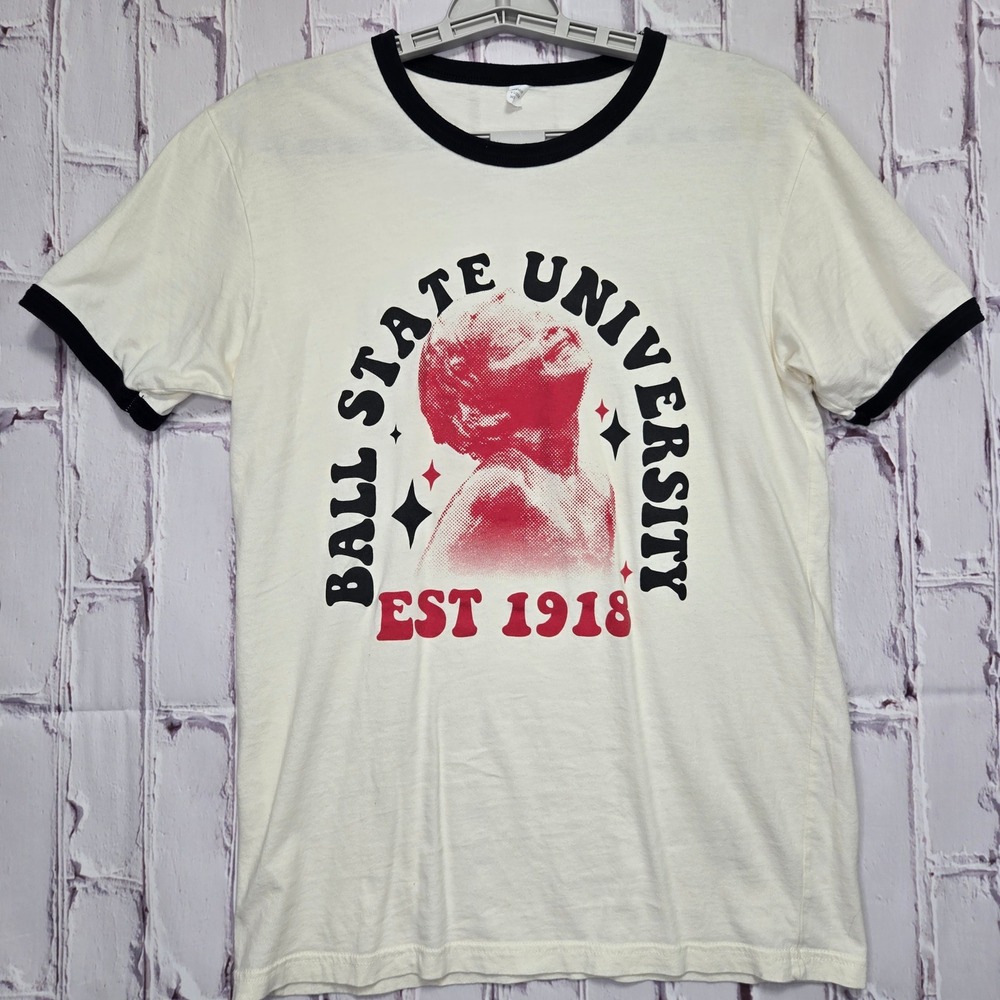 Vintage Ball State University Ringer T-Shirt Off White Red Black Graphic-T Small